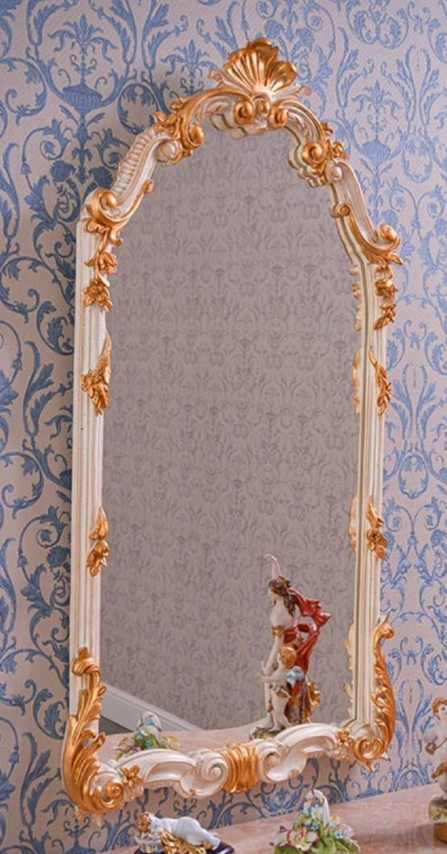 Luxus Barock Spiegel Weiß / Gold H. 111 cm - Prunkvoller Barockstil Wandspiegel - Made in Italy