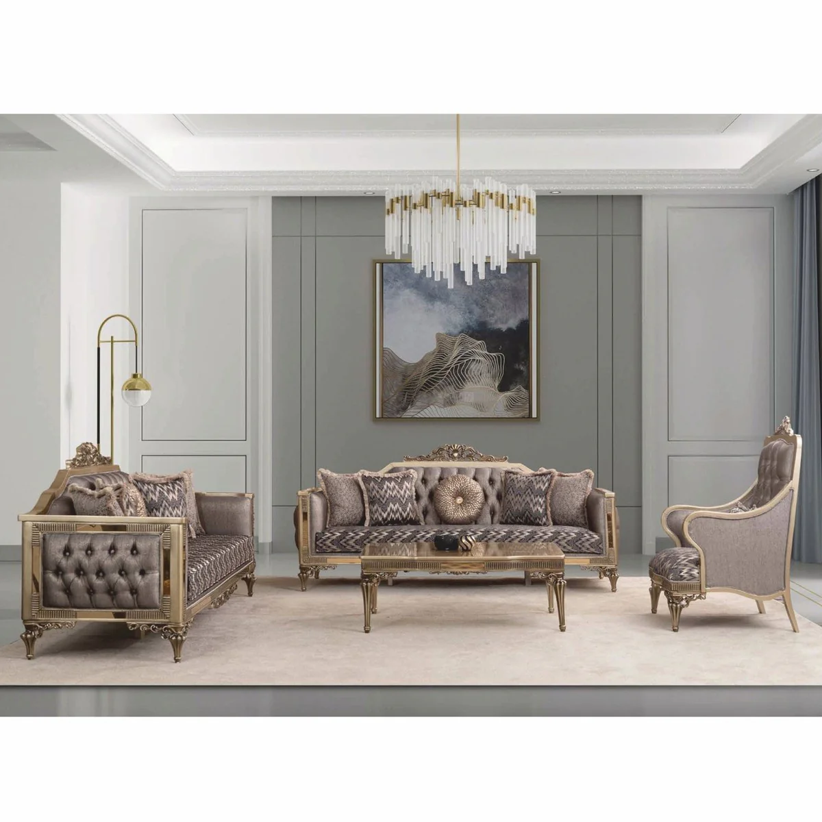 Luxus Barock Wohnzimmer Sofa Grau / Gold 230 cm - Barock Möbel