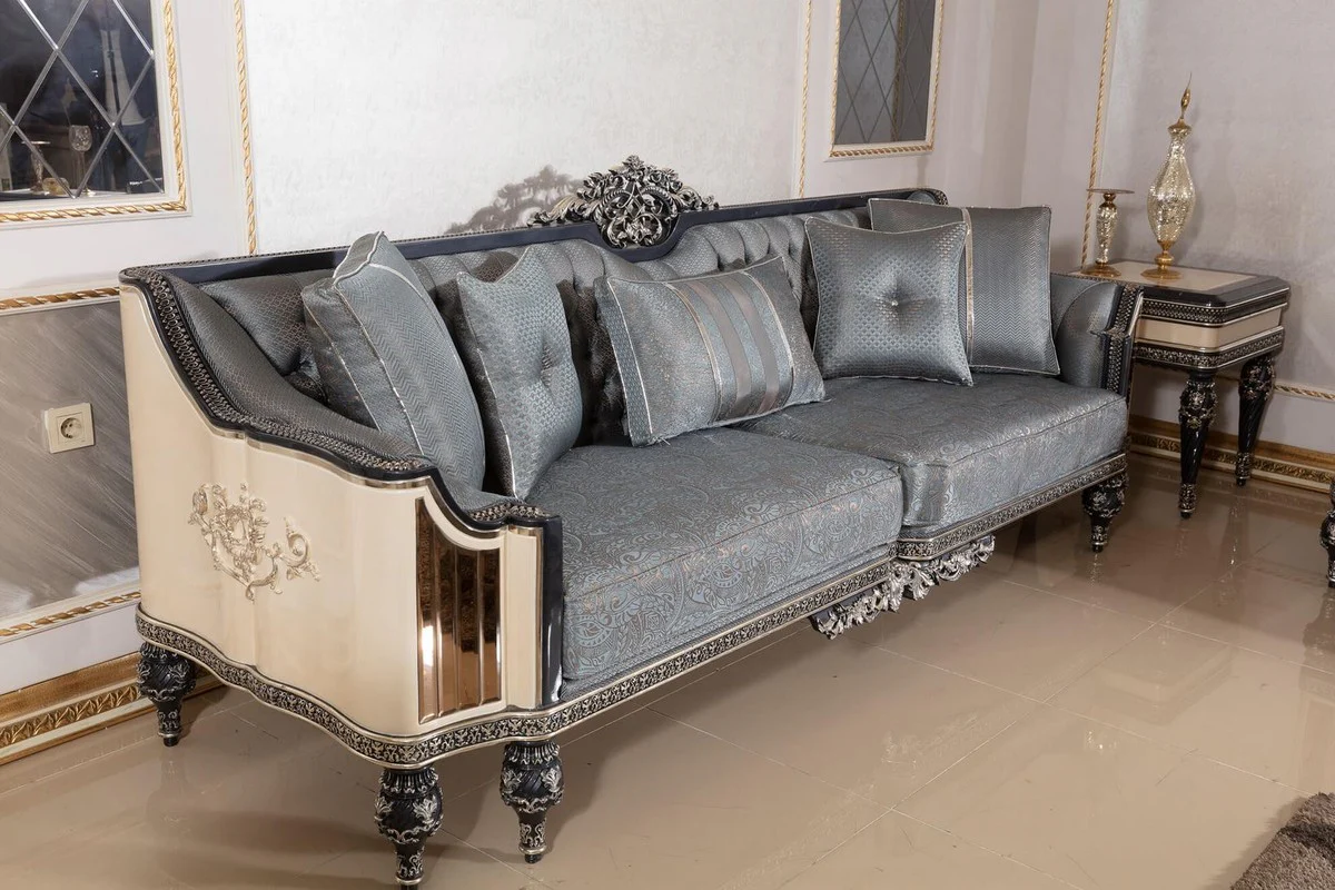 Luxus Barock Wohnzimmer Set Hellblau / Beige / Schwarz / Gold - 2 Sofas & 2 Sessel & 1 Couchtisch & 2 Beistelltische - Handgefertigte Wohnzimmer Möbel im Barockstil - Edel & Prunkvoll