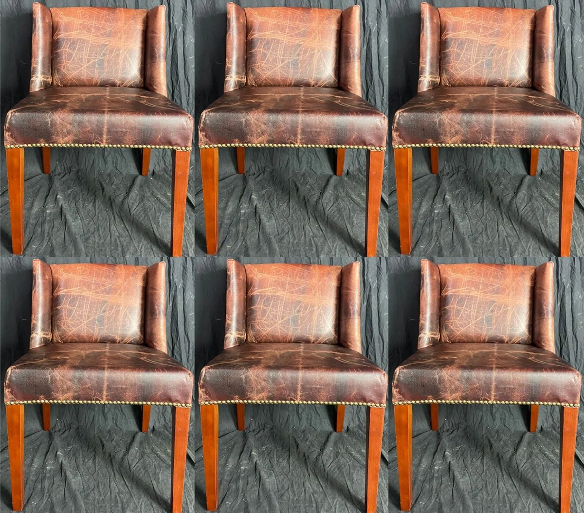 Luxus Leder Esszimmer Stuhl Set Vintage Dunkelbraun / Braun 56 x 52 x H. 81 cm - Echtleder Küchen Stühle 6er Set - Esszimmer Möbel - Leder Möbel - Luxus Möbel - Luxus Einrichtung