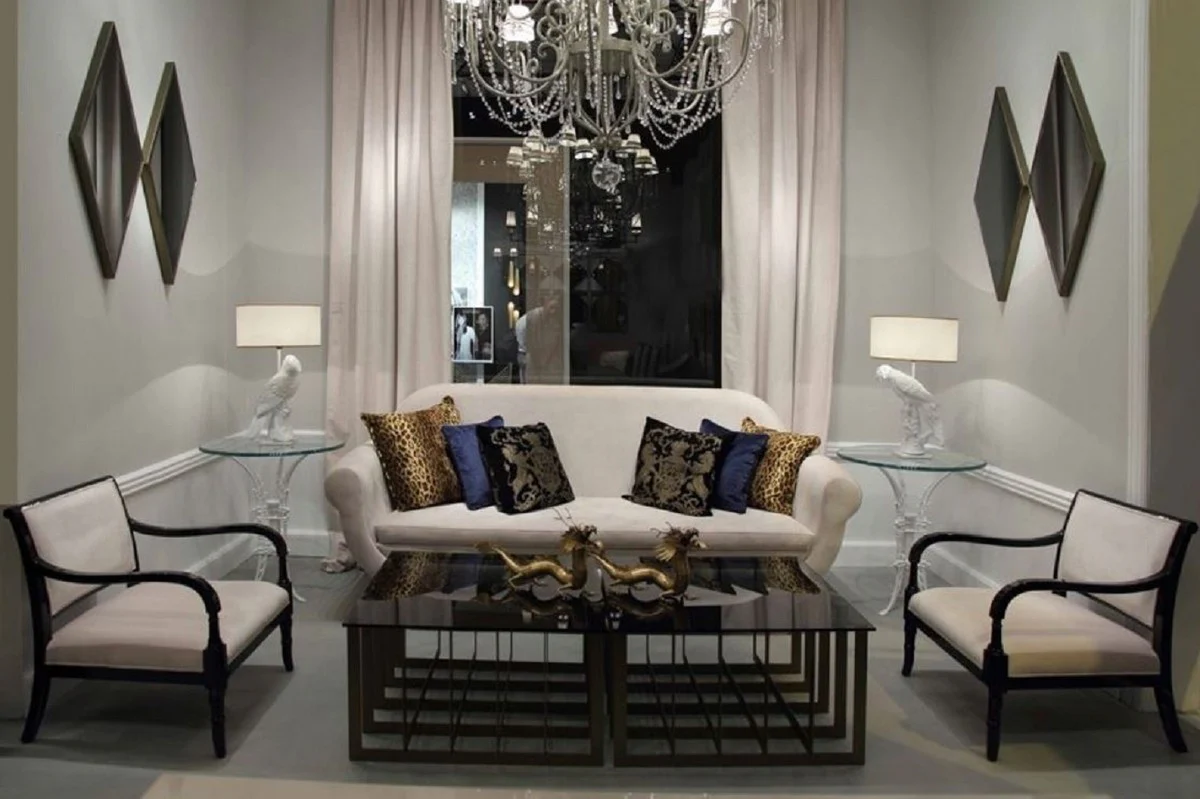 Luxus Jugendstil Beistelltisch Weiß Ø 70 x H. 74 cm - Handgeschmiedeter Schmiedeeisen Tisch mit Glasplatte - Wohnzimmer Garten Terrassen Möbel