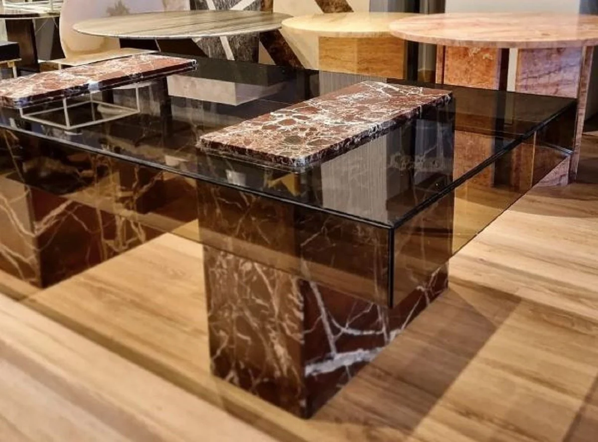 Luxus Couchtisch Rot 130 x 70 x H. 41 cm - Rechteckiger Marmor Wohnzimmertisch mit Glasplatte - Wohnzimmer Möbel - Luxus Möbel - Marmor Möbel - Luxus Einrichtung