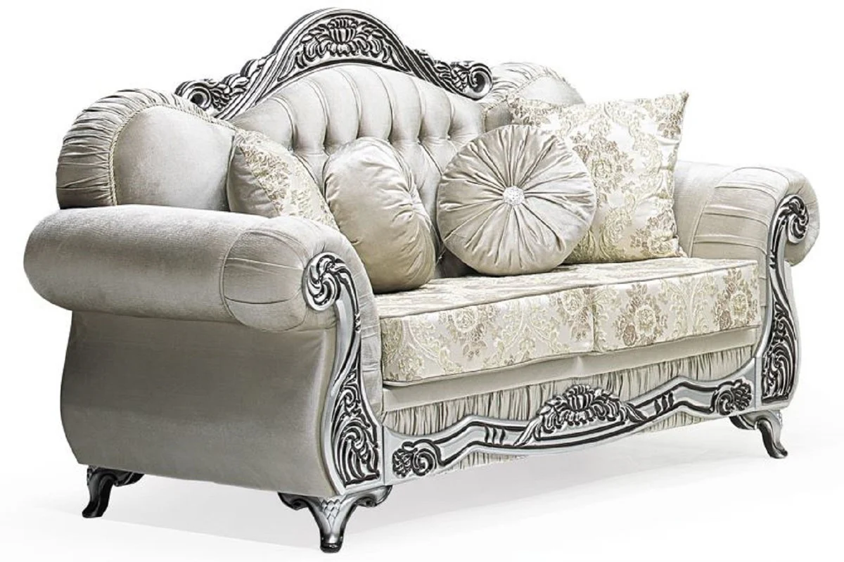 Luxus Barock 2er Sofa Grau / Creme / Silber / Schwarz - Prunkvolles Wohnzimmer Sofa mit elegantem Muster und Glitzersteinen - Luxus Wohnzimmer Möbel im Barockstil - Barock Möbel