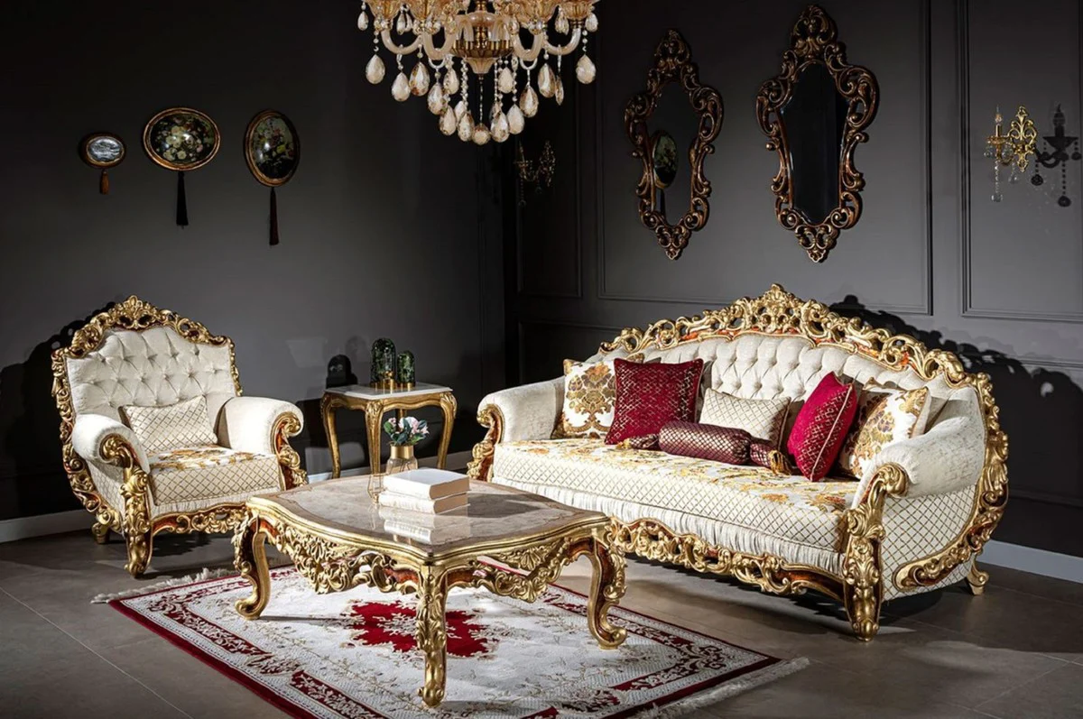 Luxus Barock Beistelltisch Creme / Beige / Gold - Handgefertigter Tisch im Barockstil - Barock Wohnzimmer Möbel - Edel & Prunkvoll