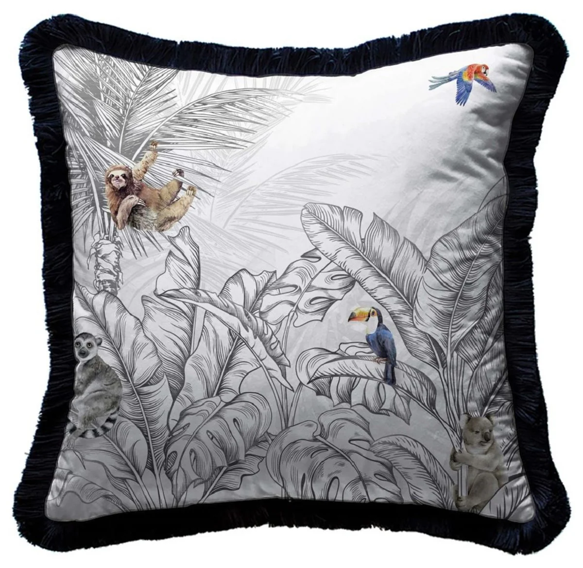 Luxus Deko Kissen Dschungel & Tiere Grau / Mehrfarbig / Schwarz 45 x 45 cm - Bedrucktes Samt Kissen mit Fransen - Luxus Deko Accessoires