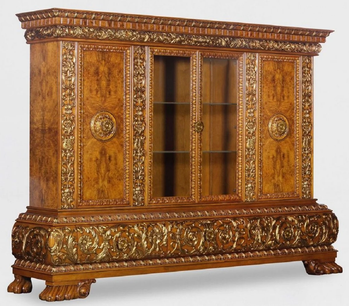 Luxus Wohnzimmerschrank mit LED Beleuchtung Braun / Gold 268 x 58 x H. 189 cm - Massivholz Schrank - Luxus Möbel - Luxus Einrichtung - Wohnzimmer Einrichtung - Luxus Qualität