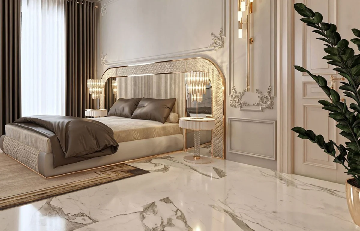 Luxus Art Deco Doppelbett Grau / Gold 350 x 209,5 x H. 140 cm - Edles Massivholz Bett mit verspiegeltem Kopfteil - Luxus Schlafzimmer Möbel - Hotel Möbel - Art Deco Möbel