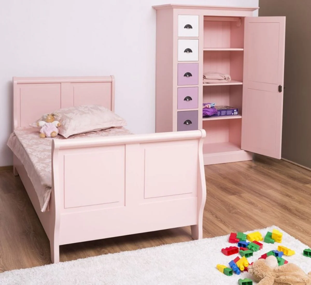 Landhausstil Massivholz Kinderzimmer Möbel Set Rosa / Weiß / Lila - 1 Einzelbett & 1 Kleiderschrank & 1 Nachttisch - Landhausstil Möbel