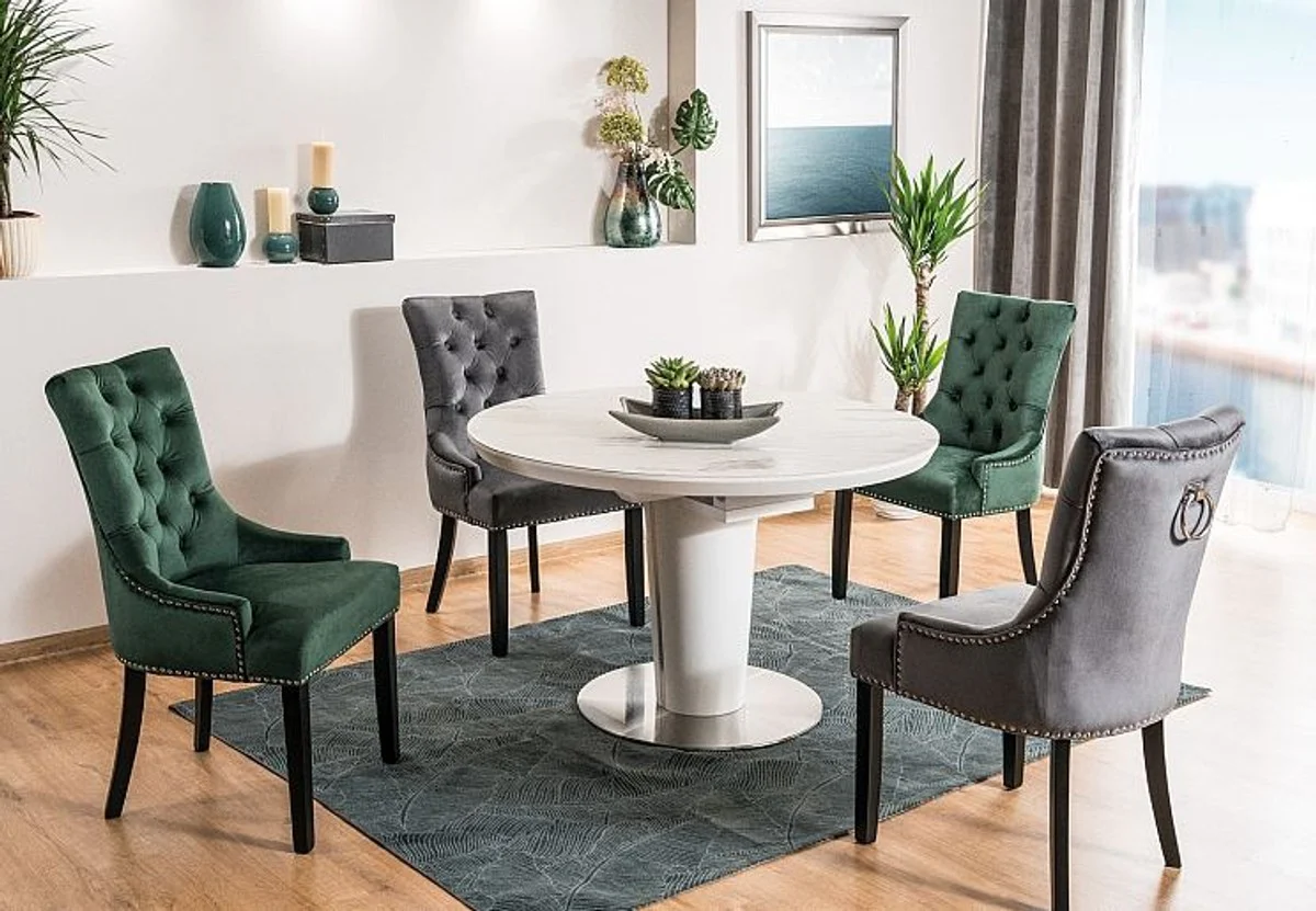 Luxus Chesterfield Esszimmer Stuhl Schwarz / Silber / Schwarz - Küchenstuhl mit Samtstoff - Esszimmer Möbel