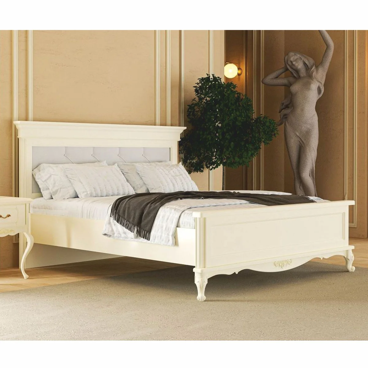 Luxus Barock Doppelbett Creme - Prunkvolle Barockstil Schlafzimmer Möbel