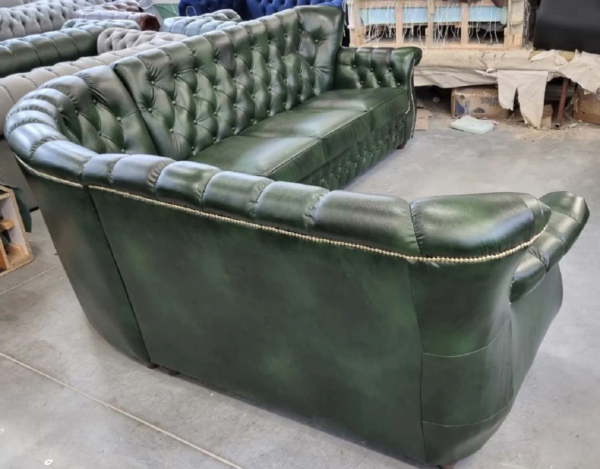 Luxus Chesterfield Leder Ecksofa Vintage Grün 290 x 240 x H. 80 cm - Echtleder Wohnzimmer Sofa - Wohnzimmer Möbel - Chesterfield Möbel - Luxus Möbel - Luxus Wohnzimmer Einrichtung