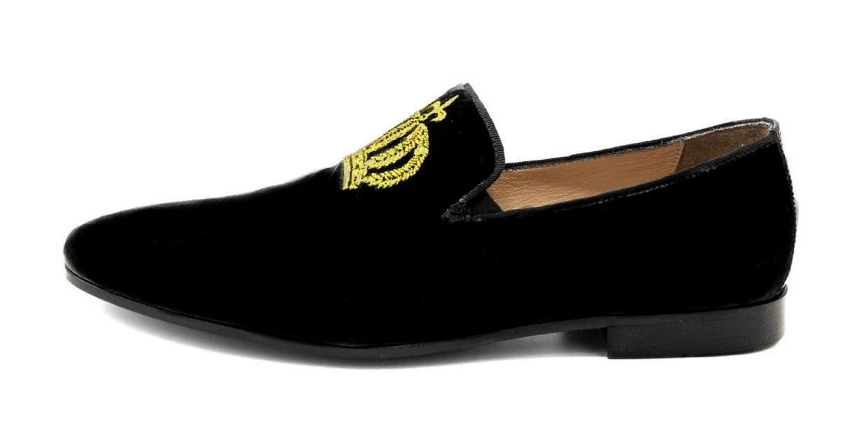 Pompöös by Luxus Samt Slipper Krone Schwarz / Gold - Verschiedene Schuhgrößen - designed by Harald Glööckler