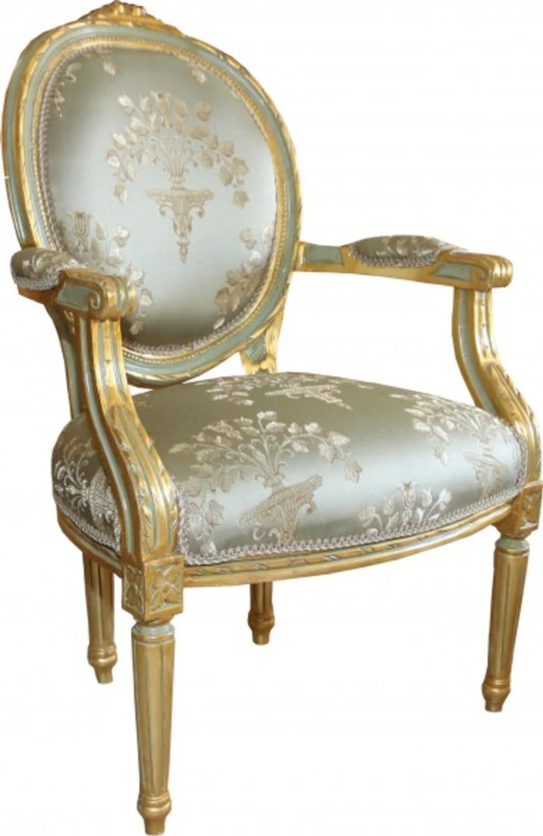 Barock Medaillon Salon Stuhl Grün Muster / Gold Modell Versailles - Möbel Antik Stil