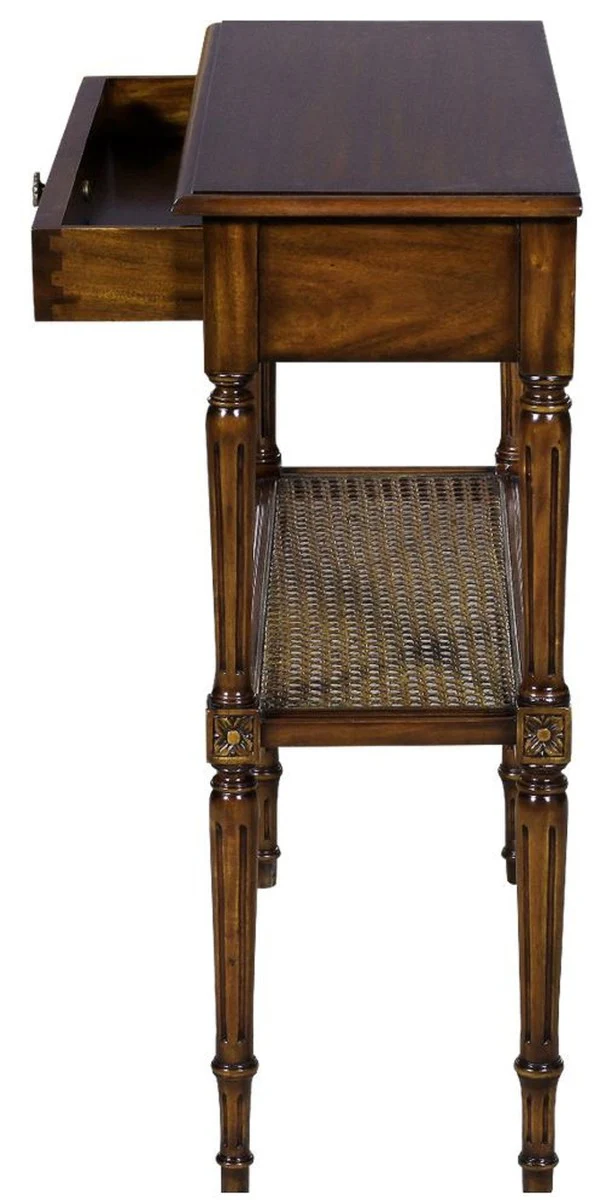Luxus Jugendstil Nachtkommode Braun 71 x 28 x H. 76 cm - Eleganter Massivholz Nachttisch - Beistelltisch mit Schublade und Rattan Regal - Schlafzimmer Möbel