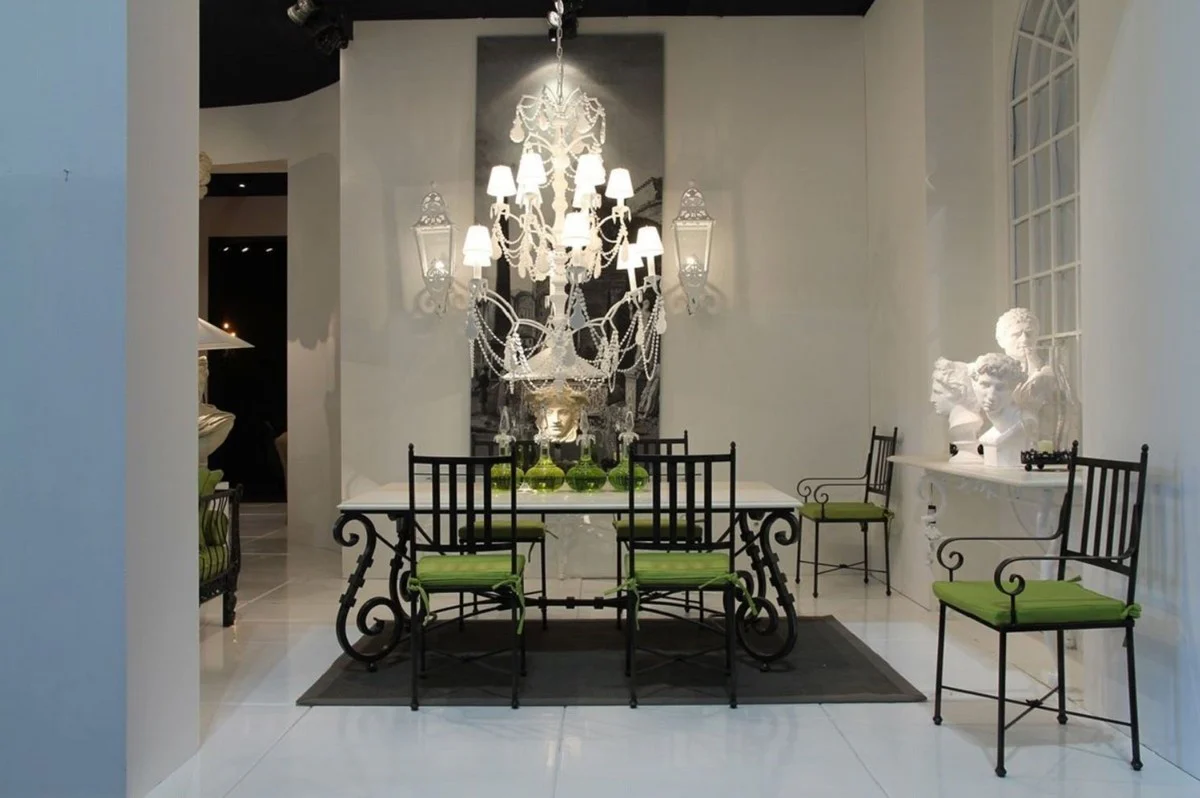 Luxus Jugendstil Gartenstuhl Set mit Armlehnen und Sitzkissen Schwarz / Grün 47 x 50 x H. 103 cm - Handgeschmiedete Esszimmer Stühle - Esszimmer Garten Terrassen Möbel