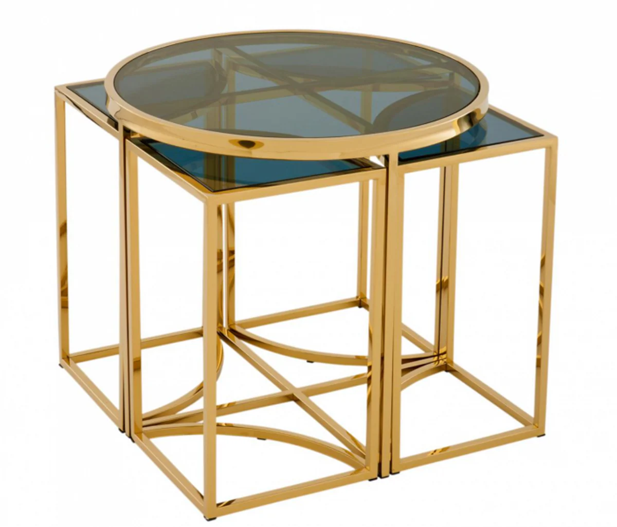 Luxus Art Deco Designer Beistelltisch 5er Set Gold mit Rauchglas - Luxus Qualität