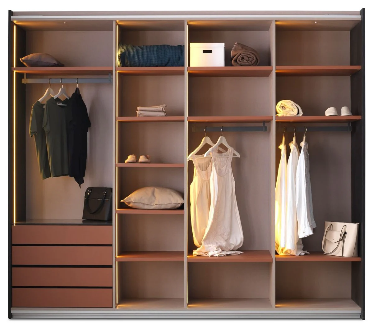 Luxus Schlafzimmerschrank Schwarz 260 x 70 x H. 228 cm - Beleuchteter Massivholz Kleiderschrank mit 2 Schiebetüren - Schlafzimmer Möbel - Hotel Möbel - Luxus Möbel