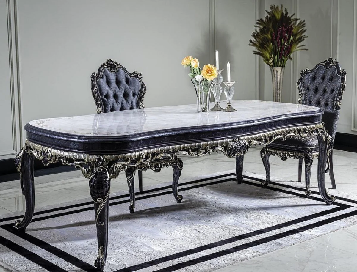 Luxus Barock Esstisch Weiß / Blau / Gold - Handgefertigter Massivholz Esszimmertisch - Barock Esszimmer Möbel - Edel & Prunkvoll