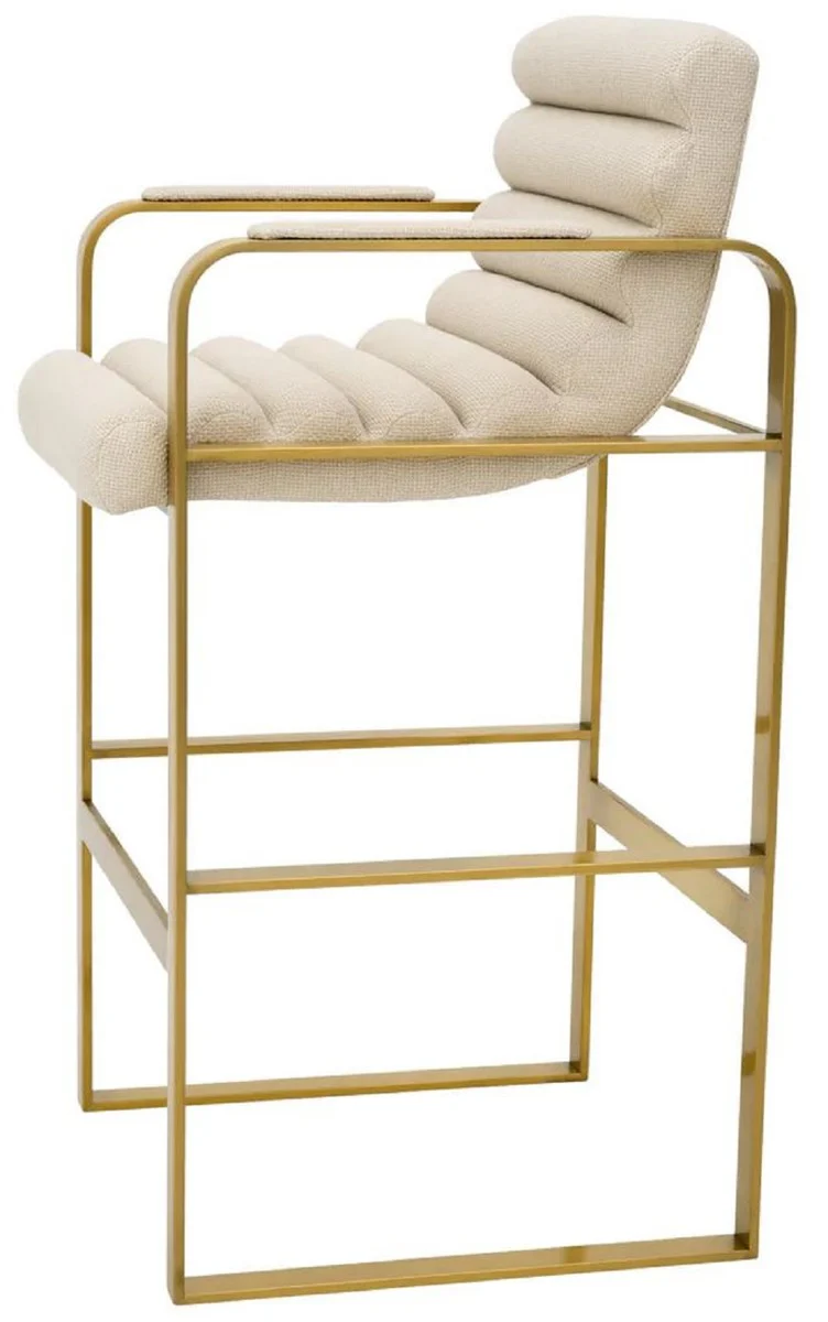 Luxus Barstuhl mit Armlehnen Sandfarben / Messing 53,5 x 57,5 x H. 107 cm - Gepolsterter Edelstahl Barhocker - Bar Möbel - Luxus Möbel - Luxus Qualität