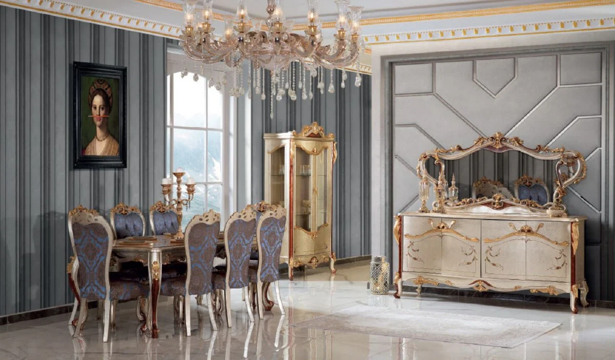 Luxus Barock Esszimmer Set Blau / Silber - 1 Esstisch & 8 Esszimmerstühle - Prunkvolle Esszimmer Möbel im Barockstil