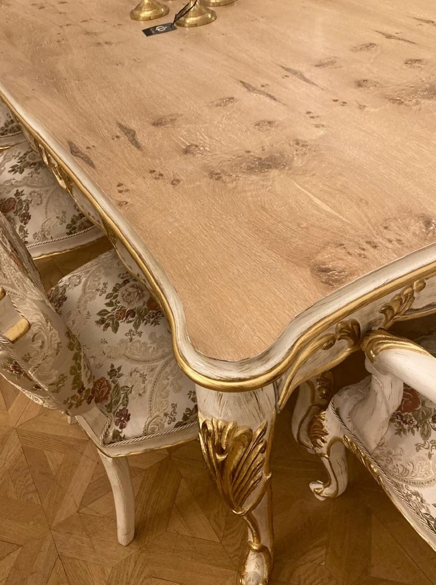 Luxus Barock Esszimmer Set Silber / Mehrfarbig / Antik Weiß / Gold - 1 Barock Esstisch & 8 Barock Esszimmerstühle - Barock Esszimmer Möbel - Luxus Möbel im Barockstil