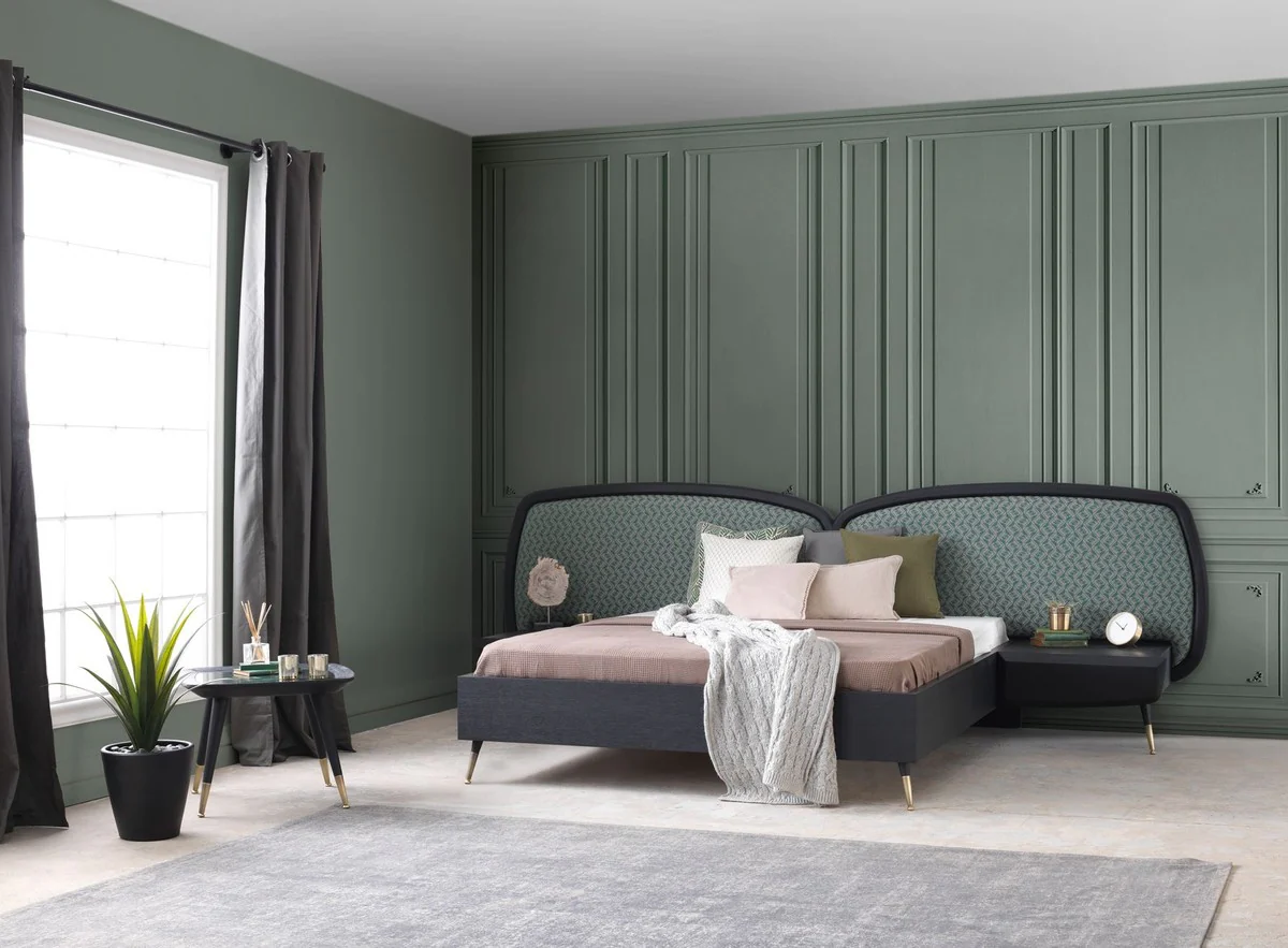 Luxus Schlafzimmer Set Grün / Schwarz / Antik Messing - 1 Doppelbett mit Kopfteil & 2 Nachtkommoden - Luxus Schlafzimmer Möbel - Luxus Schlafzimmer Einrichtung