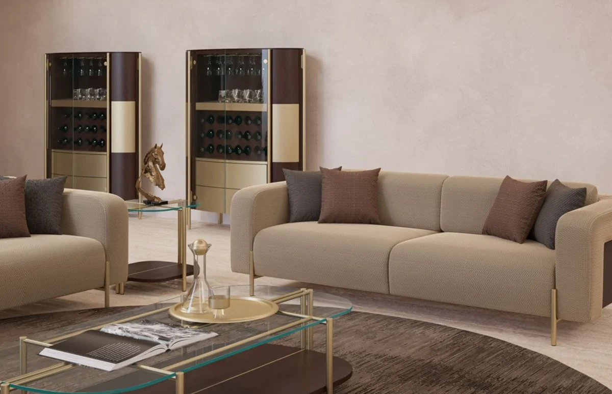 Luxus Barschrank Dunkelbraun / Messing 128 x 47 x H. 150 cm - Beleuchteter Massivholz Weinschrank mit 4 Türen - Wohnzimmer Möbel - Bar Möbel - Hotel Möbel - Luxus Kollektion