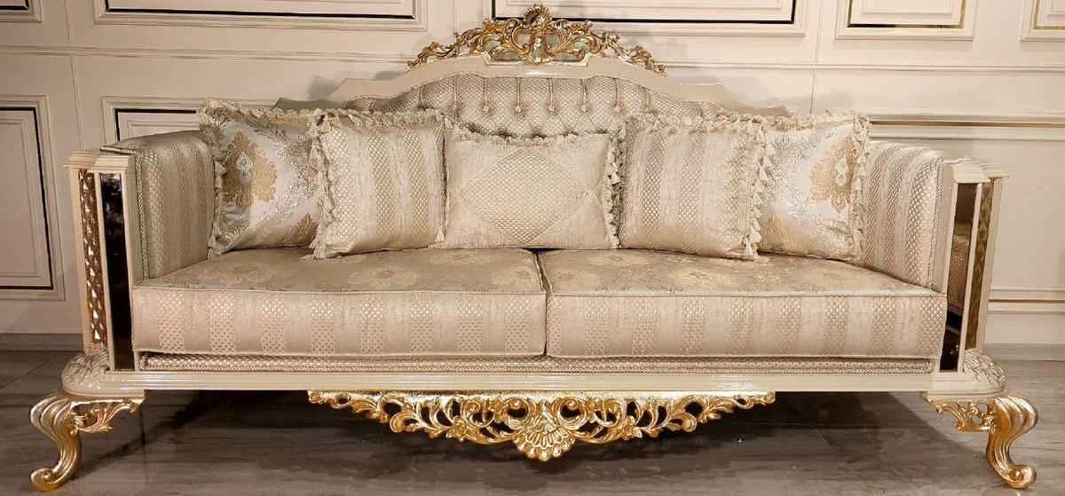 Luxus Barock Wohnzimmer Sofa Gold / Creme / Gold - Handgefertigtes Barockstil Sofa - Luxus Wohnzimmer Möbel im Barockstil - Barock Möbel - Edel & Prunkvoll
