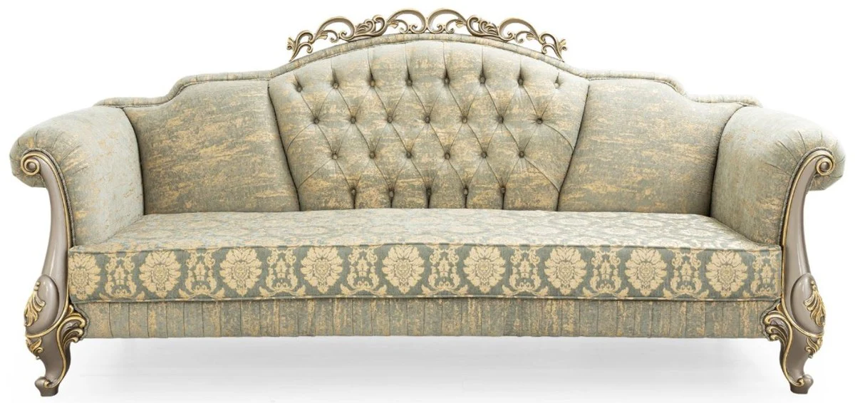 Luxus Barock Sofa Grün / Gold / Grau / Gold 225 x 90 x H. 110 cm - Prunkvolles Barockstil Wohnzimmer Sofa mit elegantem Muster - Barock Möbel