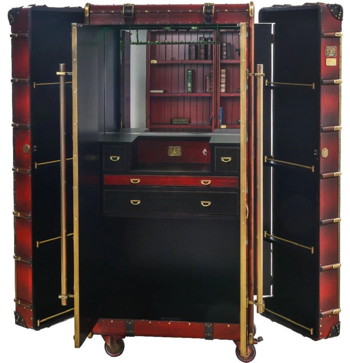 Luxus Barschrank mit Rollen Bordeauxrot / Messing 110 x 50 x H. 170 cm - Kofferschrank im Retro Look - Retro Stil Weinschrank - Bar Möbel - Luxus Möbel