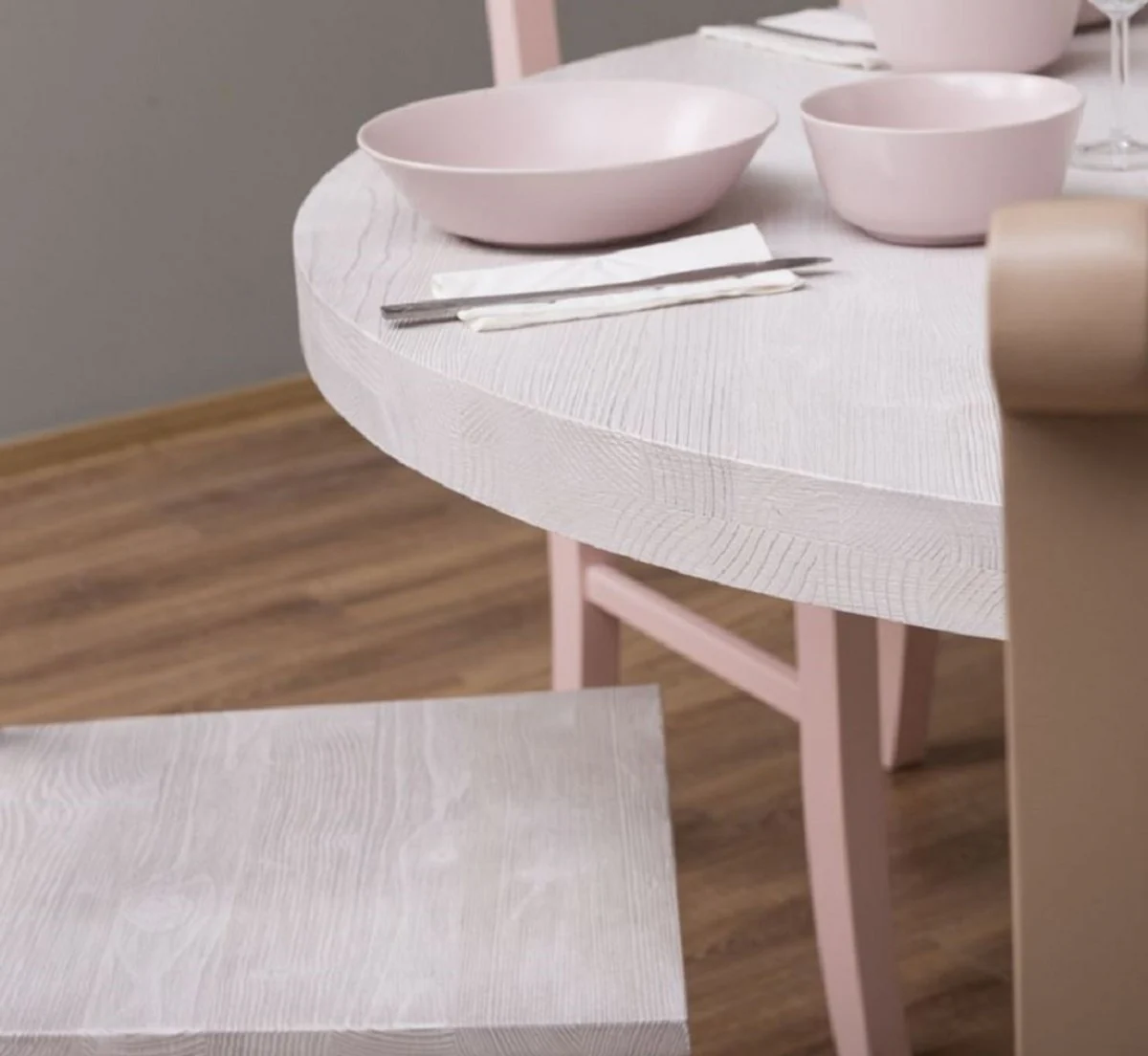 Landhausstil Esszimmer Möbel Set Hellgrau / Bunt - 1 Esstisch & 5 Esszimmerstühle - Massivholz Esszimmer Möbel - Landhausstil Möbel