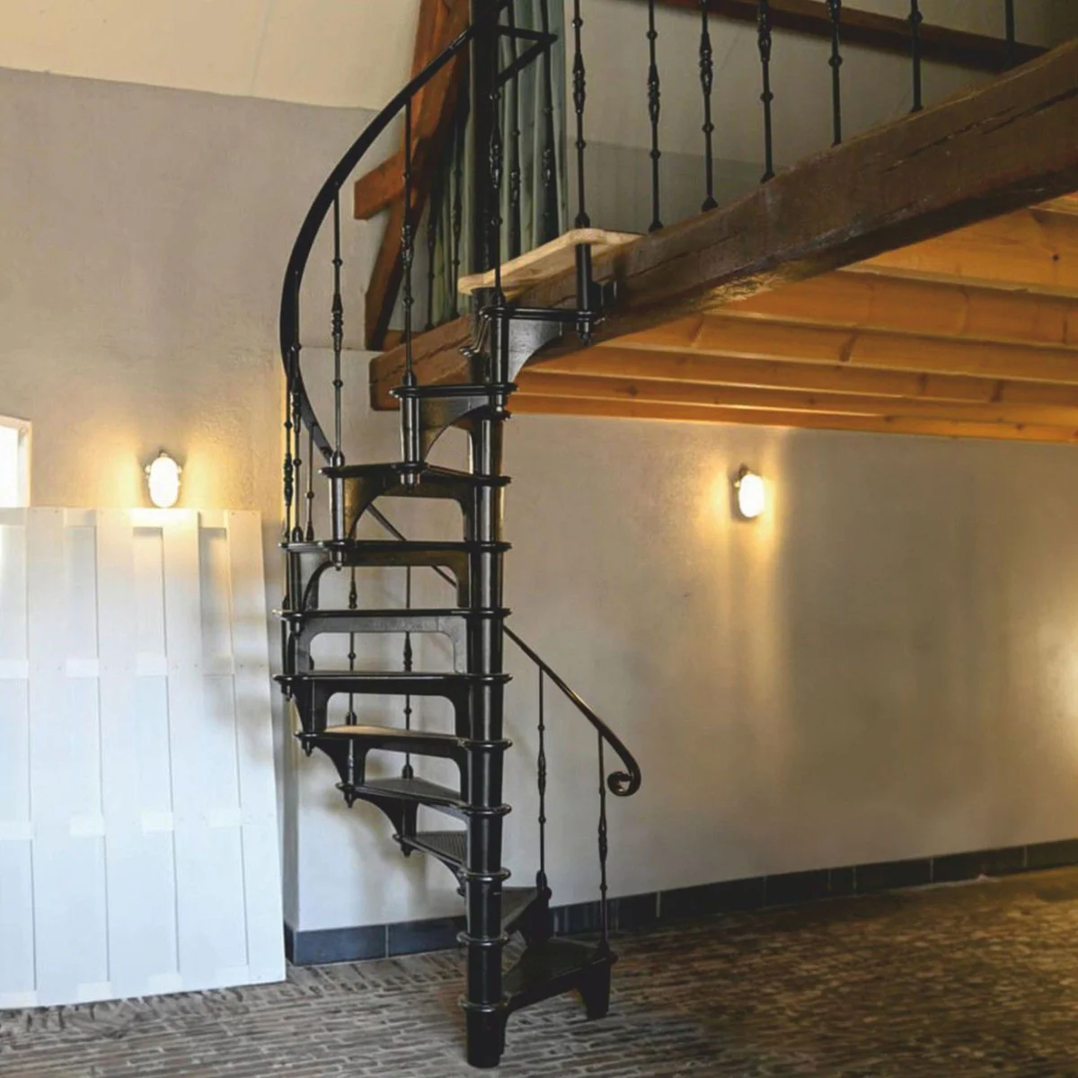 Gusseisen Wendeltreppe mit Geländer rechte Seite Schwarz H. 300 cm - Rustikale Spiraltreppe