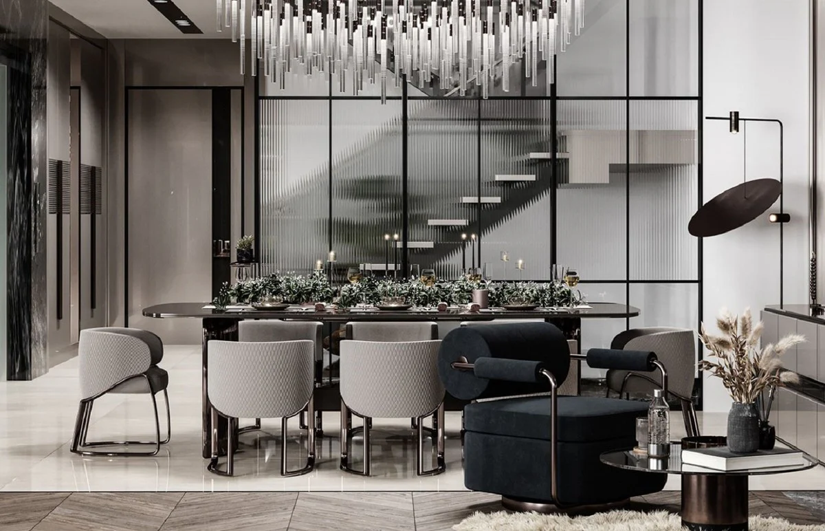 Luxus Esszimmer Set Grau / Bronze - 1 Luxus Esstisch & 8 Luxus Esszimmer Stühle mit Armlehnen - Esszimmer Möbel - Luxus Möbel - Luxus Einrichtung