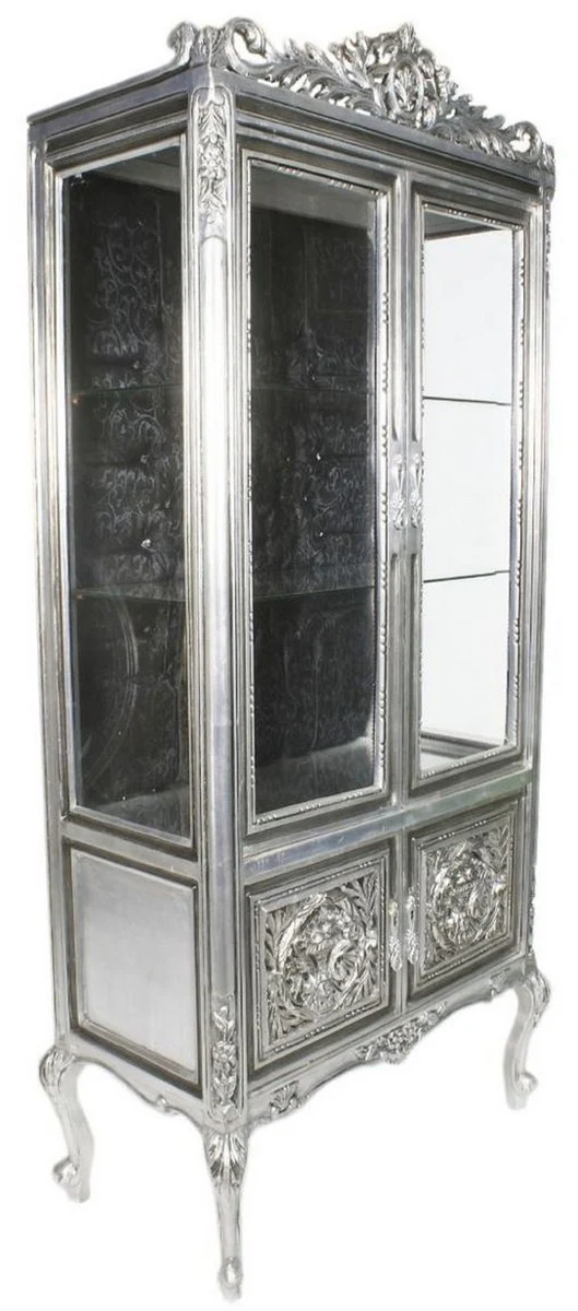 Barock Vitrine Silber / Schwarz 100 x 40 x H. 170 cm - Prunkvoller Barock Vitrinenschrank mit 2 Glastüren wunderschönen Verzierungen und Glitzersteinen