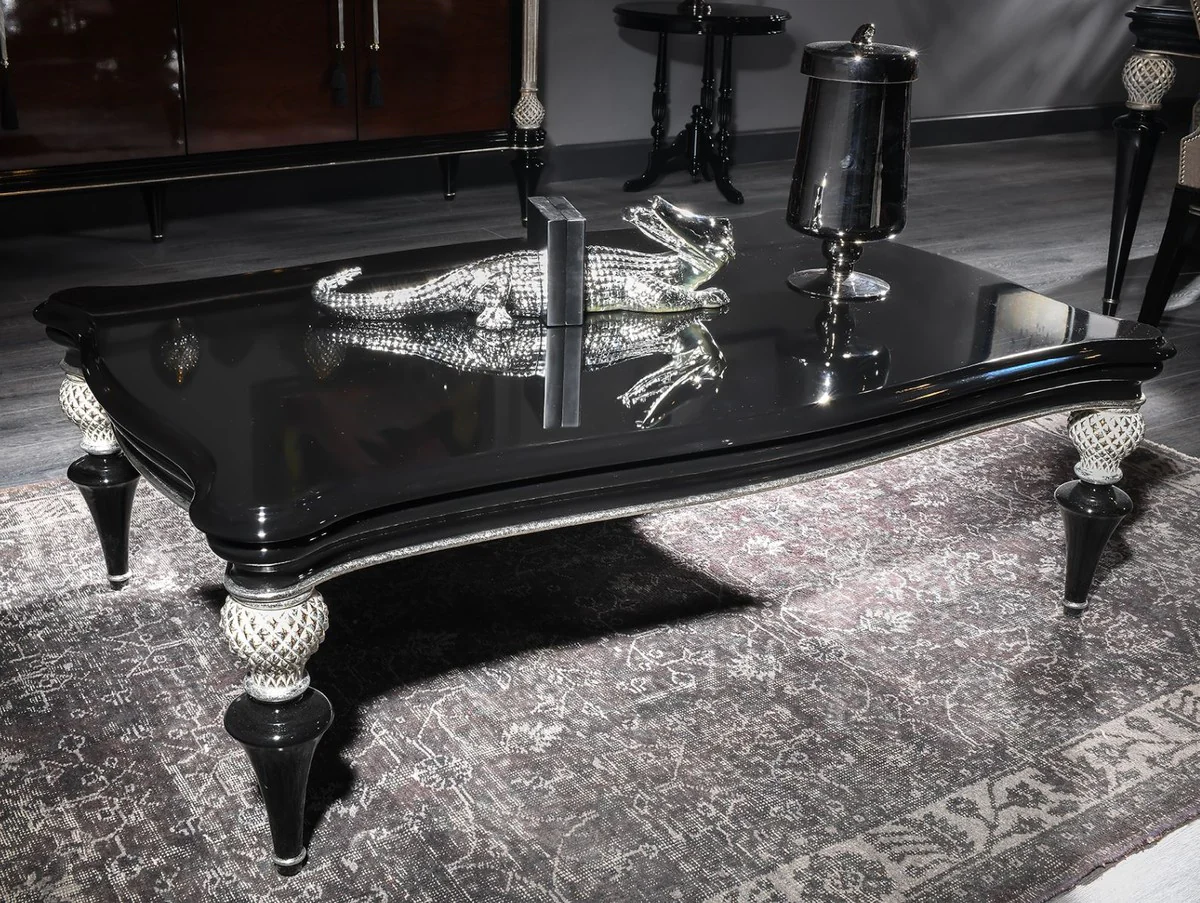 Luxus Barock Couchtisch Schwarz / Silber - Handgefertigter Massivholz Wohnzimmertisch im Barockstil - Barock Wohnzimmer Möbel
