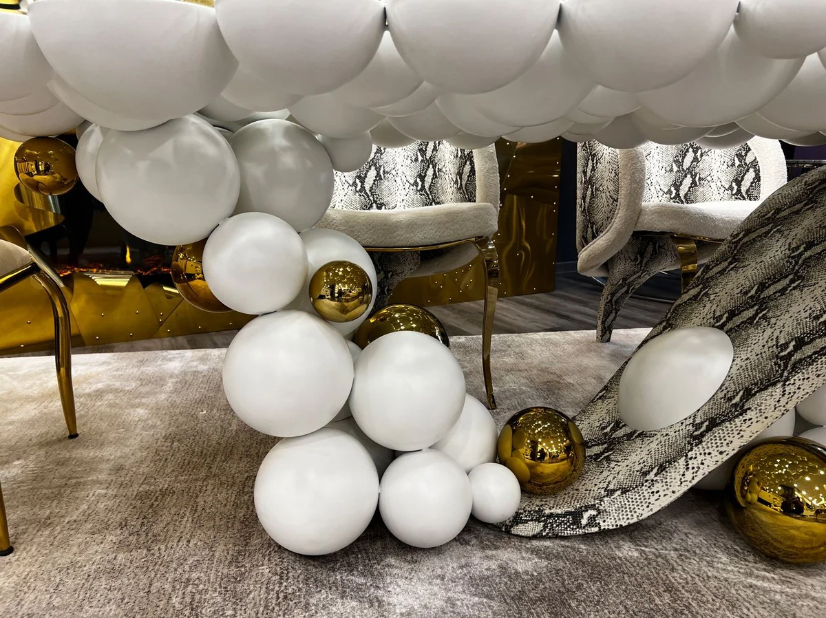 Luxus Designer Esstisch mit Glasplatte Weiß / Gold / Schwarz 230 x 120 x H. 76 cm - Esszimmer Möbel - Luxus Möbel - Designer Möbel