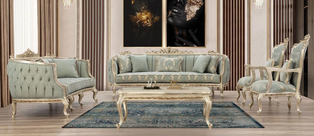 Luxus Barock Wohnzimmer Set Grün / Antik Gold - 2 Sofas & 2 Sessel & 1 Couchtisch - Handgefertigte Wohnzimmer Möbel im Barockstil - Edel & Prunkvoll