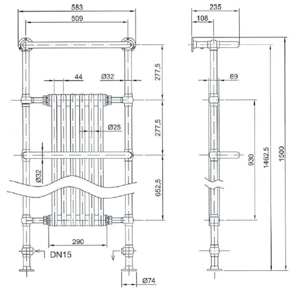 Luxus Badheizung Weiß / Chrom 583 x H. 1500 mm - Handtuchheizkörper - Vintage Bad Heizkörper Handtuchhalter