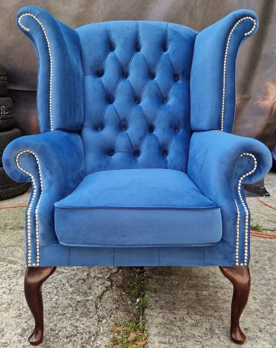 Luxus Chesterfield Ohrensessel Blau / Dunkelbraun 98 x 90 x H. 110 cm - Chesterfield Samt Sessel - Wohnzimmer Möbel - Chesterfield Möbel - Luxus Möbel