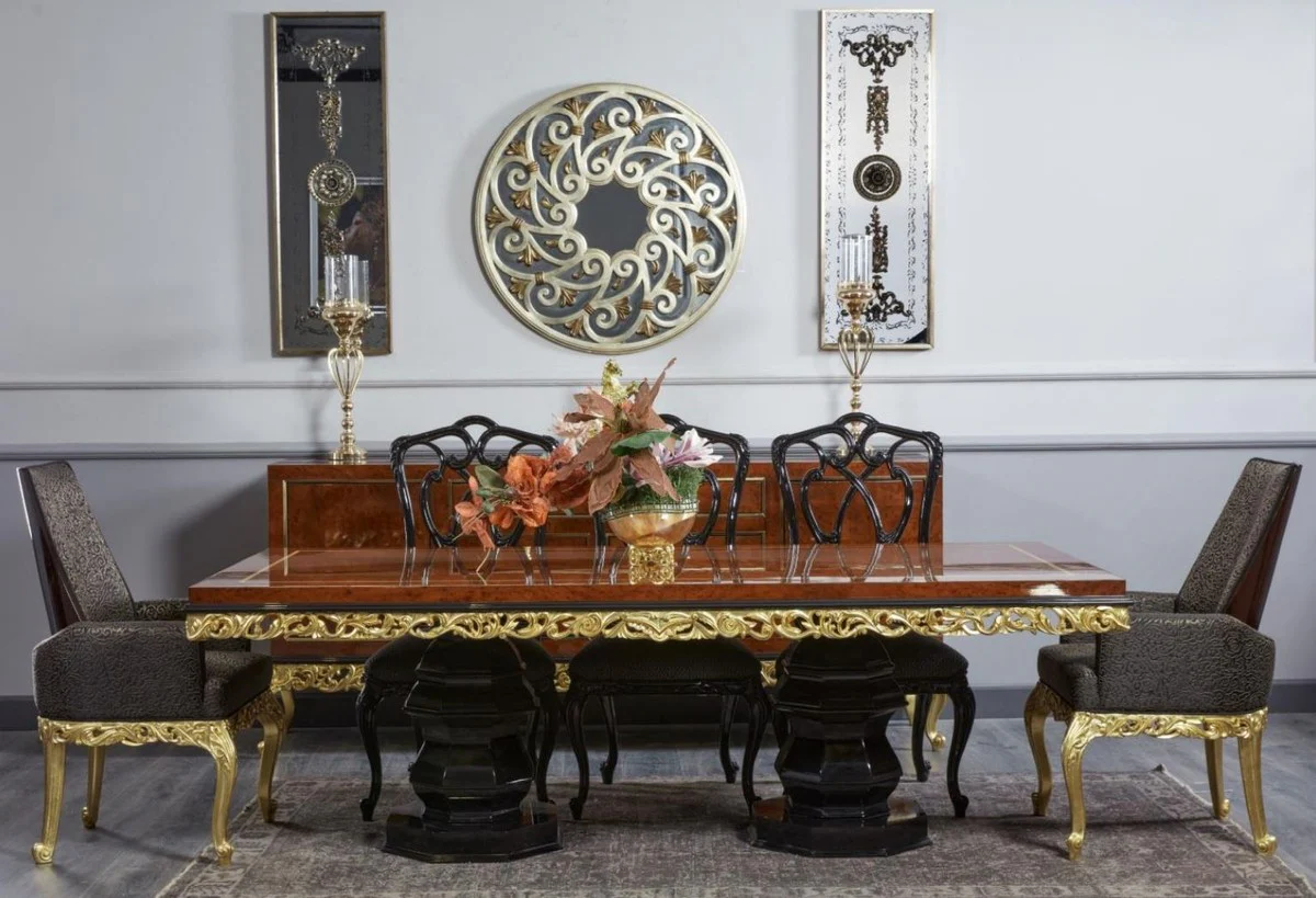 Luxus Barock Esszimmer Set Braun / Schwarz / Gold - 1 Barock Esstisch & 8 Barock Esszimmerstühle - Luxus Esszimmer Möbel im Barockstil - Barock Möbel - Edel & Prunkvoll