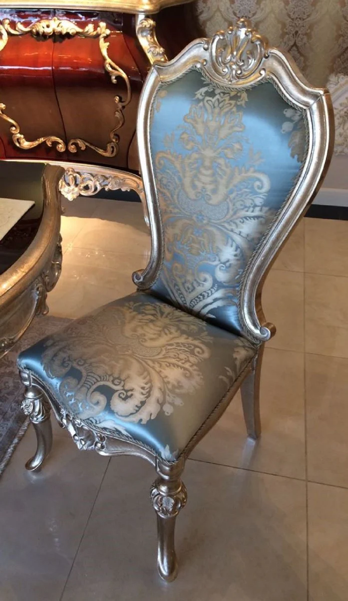 Luxus Barock Esszimmerstuhl Hellblau / Beige / Silber - Prunkvoller Massivholz Küchenstuhl mit elegantem Muster - Barock Esszimmer Möbel