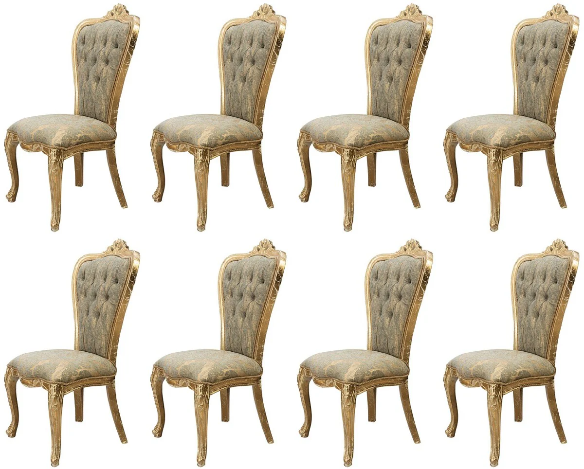 Luxus Barock Esszimmer Stuhl 8er Set Grün / Antik Gold - Prunkvolle Barockstil Küchen Stühle - Luxus Barockstil Esszimmer Möbel - Barock Esszimmer Möbel - Barockstil Möbel