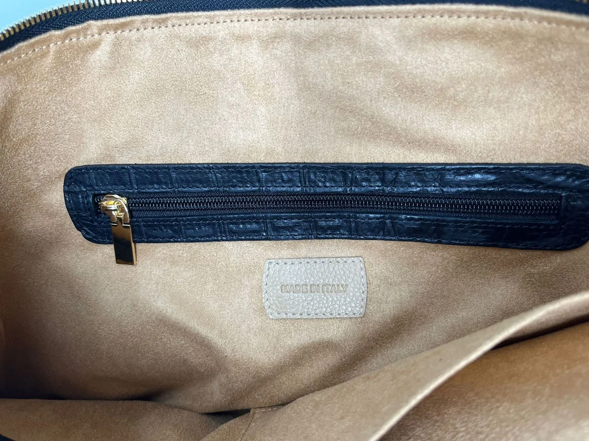 Luxus Echtleder Kosmetiktasche Schwarz / Gold 28 cm - Made in Italy