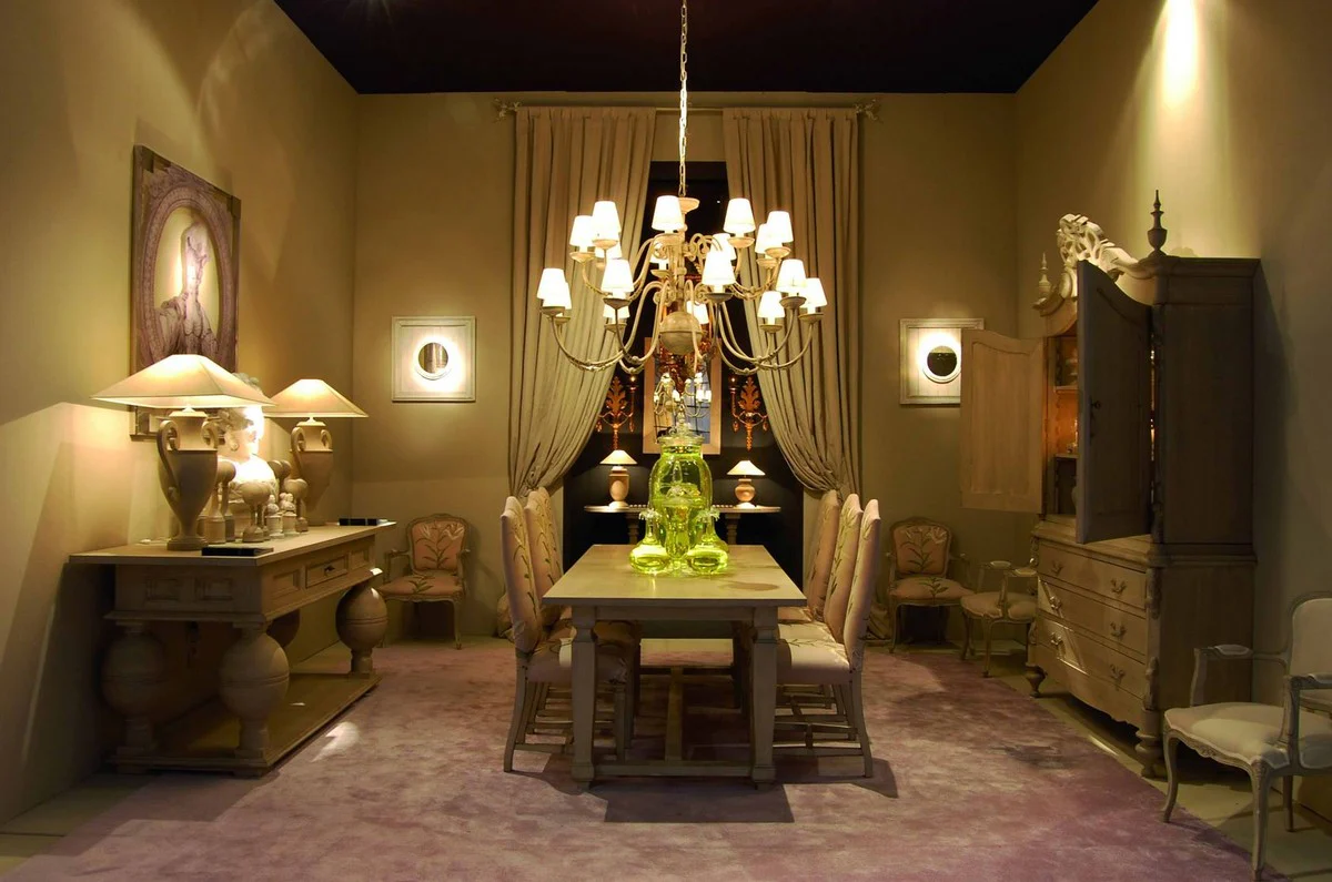 Luxus Landhausstil Esstisch Hellgrau 280 x 120 x H. 77 cm - Handgefertigter Massivholz Küchentisch - Edle Landhausstil Massivholz Esszimmer Möbel