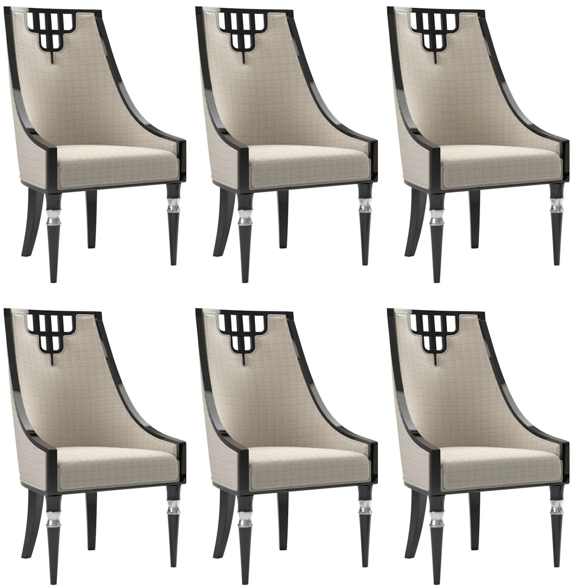 Luxus Art Deco Esszimmer Stuhl Set Beige / Schwarz / Silber 55 x 55 x H. 105 cm - Edles Küchen Stühle 6er Set - Art Deco Esszimmer Möbel