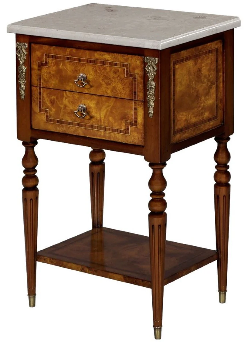Luxus Barock Beistelltisch Hellbraun / Braun / Cremefarben 42 x 31 x H. 68 cm - Massivholz Tisch mit Marmorplatte - Nachttisch - Nachtkommode - Barock Möbel