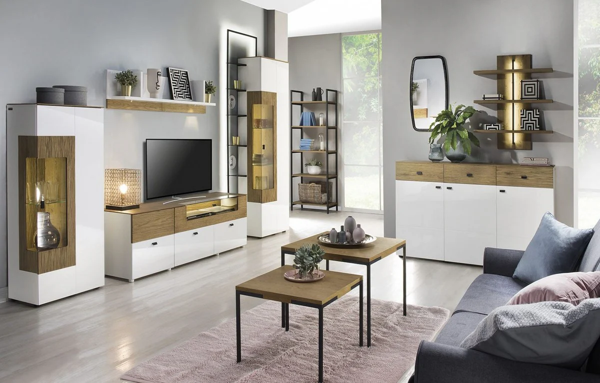 Eckvitrine Weiß / Braun 65,4 x 40 x H. 202 cm - Moderner Beleuteter Massivholz Vitrinenschrank - Wohnzimmer Schrank - Wohnzimmer Möbel