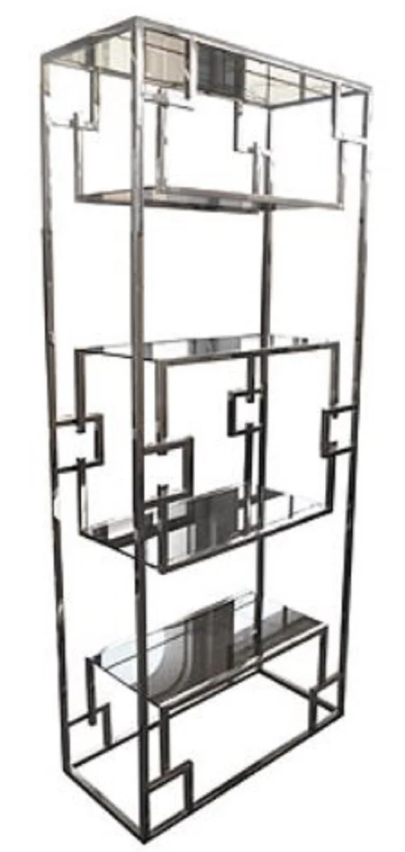 Luxus Regalschrank Silber 85 x 40 x H. 200 cm - Edelstahl Schrank mit Glasregalen - Wohnzimmerschrank - Wohnzimmermöbel
