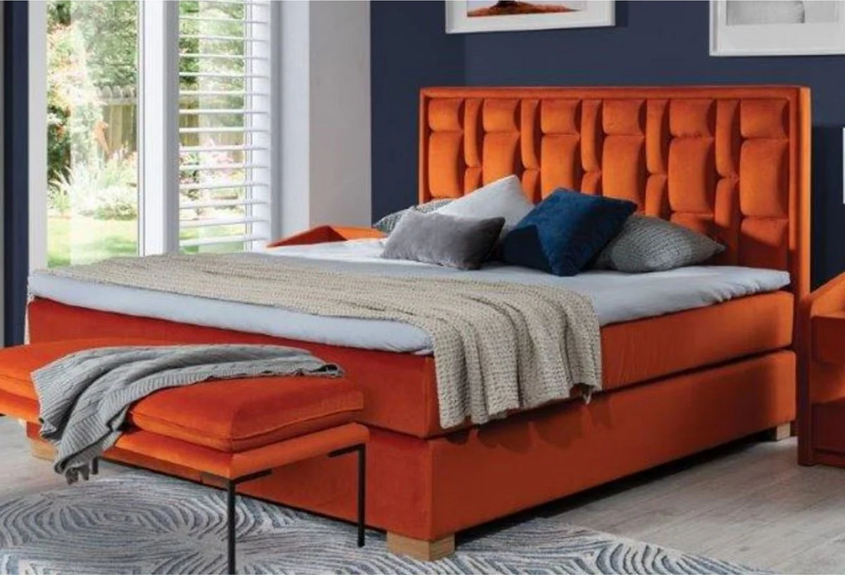 Luxus Doppelbett Orange / Naturfarben - Modernes Massivholz Bett mit Kopfteil und Matratze - Moderne Schlafzimmer Möbel - Luxus Kollektion