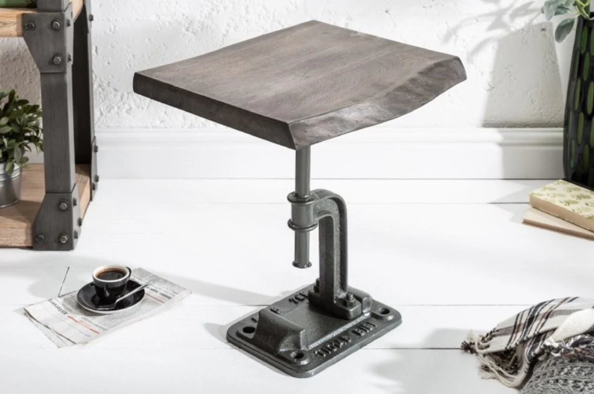 Industrial Design Beistelltisch Grau 43 x 35 x H. 46 cm - Industrie Stil Metall Tisch mit Massivholz Tischplatte - Industrial Design Möbel